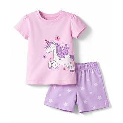 Babyhug Cotton Knit Half  Sleeves T-Shirt & Shorts Night Suit With Unicorn & Star Print - Pink