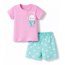 Babyhug Cotton Knit Half  Sleeves T-Shirt & Shorts Night-Suit With Bunny & Heart Print - Pink & Blue