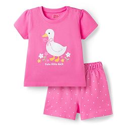 Babyhug Cotton Knit Half  Sleeves T-Shirts & Short Night Suit with Duck Print - Pink