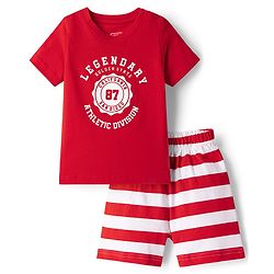 Babyhug Cotton Knit Half  Sleeves T-Shirt & Striped Shorts Night-Suit With Text Print - Red