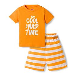 Babyhug Cotton Knit Half Sleeves Striped T-Shirt & Shorts Night Suit with Text Print - Orange