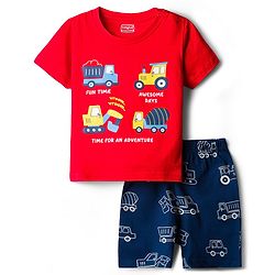 Babyhug Cotton Knit Half  Sleeves T-Shirt & Shorts Night Suit With Truck Print - Red