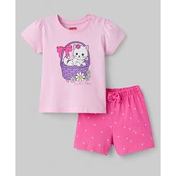 Babyhug Cotton Knit Half  Sleeves T-Shirt & Short  Night-Suit With Kitten & Polka Dots Print - Pink
