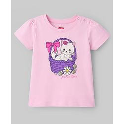 Babyhug Cotton Knit Half  Sleeves T-Shirt & Short  Night-Suit With Kitten & Polka Dots Print - Pink