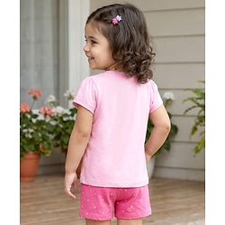 Babyhug Cotton Knit Half  Sleeves T-Shirt & Short  Night-Suit With Kitten & Polka Dots Print - Pink