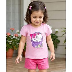 Babyhug Cotton Knit Half  Sleeves T-Shirt & Short  Night-Suit With Kitten & Polka Dots Print - Pink