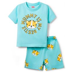 Babyhug Cotton Knit Half  Sleeves T-Shirt & Short Night Suit with Tiger Print - Light Blue