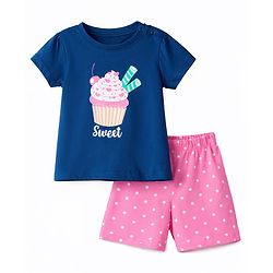 Babyhug Cotton Knit Half  Sleeves T-Shirt & Shorts Night-Suit With Cupcake & Polka Dots Print - Navy Blue & Pink