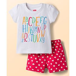 Babyhug Cotton Knit Half  Sleeves T-Shirt & Shorts Night-Suit With Heart & Alphabet Print - White