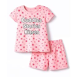 Babyhug Cotton Knit Half  Sleeves T-Shirt & Shorts Night-Suit With Star Print - Pink
