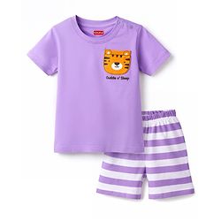 Babyhug Cotton Knit Half  Sleeves T-Shirt & Striped Shorts Night Suit With Lion Print - Lavender