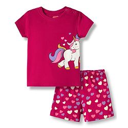 Babyhug Cotton Knit Half Sleeves T-Shirt & Short Night Suit with Unicorn & Heart Print - Dark Pink