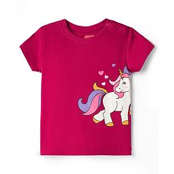 Babyhug Cotton Knit Half Sleeves T-Shirt & Short Night Suit with Unicorn & Heart Print - Dark Pink