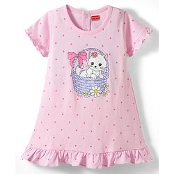 Babyhug Cotton Knit Half  Sleeves Polka Dot & Kitty Printed Nighty - Pink