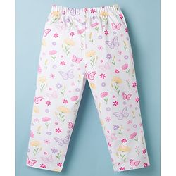 Babyhug Cotton Knit Half Sleeves Front Open Co-ords Top & Pajama Night Suit with Floral Print - White