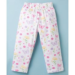 Babyhug Cotton Knit Half Sleeves Front Open Co-ords Top & Pajama Night Suit with Floral Print - White