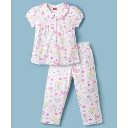 Babyhug Cotton Knit Half Sleeves Front Open Co-ords Top & Pajama Night Suit with Floral Print - White