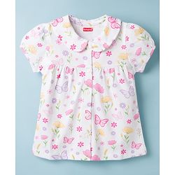 Babyhug Cotton Knit Half Sleeves Front Open Co-ords Top & Pajama Night Suit with Floral Print - White