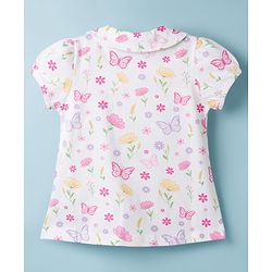 Babyhug Cotton Knit Half Sleeves Front Open Co-ords Top & Pajama Night Suit with Floral Print - White
