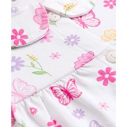 Babyhug Cotton Knit Half Sleeves Front Open Co-ords Top & Pajama Night Suit with Floral Print - White