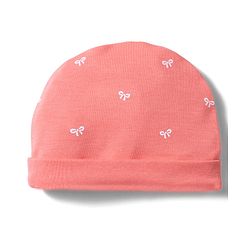 Babyhug 100% Cotton Interlock Knit Cap, Mitten & Booties With Bow Print Coral - Diameter 10 cm