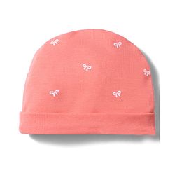 Babyhug 100% Cotton Interlock Knit Cap, Mitten & Booties With Bow Print Coral - Diameter 10 cm