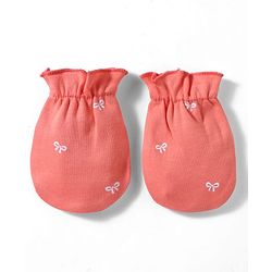 Babyhug 100% Cotton Interlock Knit Cap, Mitten & Booties With Bow Print Coral - Diameter 10 cm