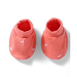 Babyhug 100% Cotton Interlock Knit Cap, Mitten & Booties With Bow Print Coral - Diameter 10 cm