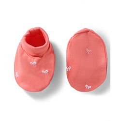 Babyhug 100% Cotton Interlock Knit Cap, Mitten & Booties With Bow Print Coral - Diameter 10 cm