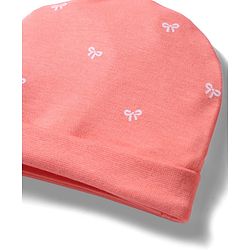 Babyhug 100% Cotton Interlock Knit Cap, Mitten & Booties With Bow Print Coral - Diameter 10 cm