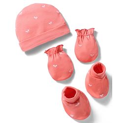 Babyhug 100% Cotton Interlock Knit Cap, Mitten & Booties With Bow Print Coral - Diameter 10 cm