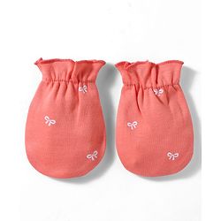 Babyhug 100% Cotton Interlock Knit Cap, Mitten & Booties With Bow Print Coral - Diameter 10 cm
