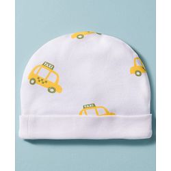 Babyhug 100% Cotton Knit Cap Mittens & Booties Set with Taxi Print White - Diameter 10 cm
