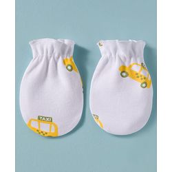Babyhug 100% Cotton Knit Cap Mittens & Booties Set with Taxi Print White - Diameter 10 cm