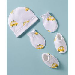 Babyhug 100% Cotton Knit Cap Mittens & Booties Set with Taxi Print White - Diameter 10 cm