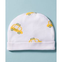 Babyhug 100% Cotton Knit Cap Mittens & Booties Set with Taxi Print White - Diameter 10 cm