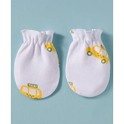 Babyhug 100% Cotton Knit Cap Mittens & Booties Set with Taxi Print White - Diameter 10 cm
