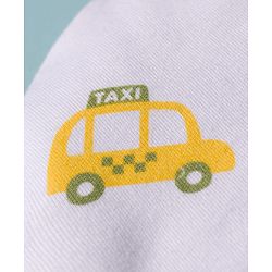 Babyhug 100% Cotton Knit Cap Mittens & Booties Set with Taxi Print White - Diameter 10 cm