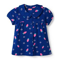 Babyhug Cotton Knit Half Sleeves Front Open Co-ords Top & Shorts Night Suit with Floral Print - Navy Blue