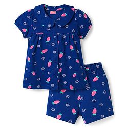 Babyhug Cotton Knit Half Sleeves Front Open Co-ords Top & Shorts Night Suit with Floral Print - Navy Blue