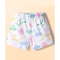 Babyhug Cotton Knit Half Sleeves Top & Shorts Co-ord Night Suit With Bow Print - White