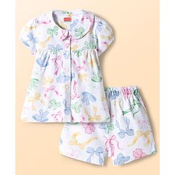 Babyhug Cotton Knit Half Sleeves Top & Shorts Co-ord Night Suit With Bow Print - White
