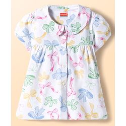 Babyhug Cotton Knit Half Sleeves Top & Shorts Co-ord Night Suit With Bow Print - White