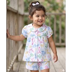 Babyhug Cotton Knit Half Sleeves Top & Shorts Co-ord Night Suit With Bow Print - White