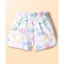 Babyhug Cotton Knit Half Sleeves Top & Shorts Co-ord Night Suit With Bow Print - White