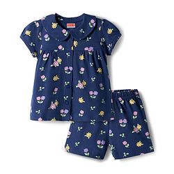 Babyhug Cotton Knit Half  Sleeves Top & Shorts Co-ord Night Suit With Floral Print - Navy Blue