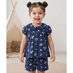 Babyhug Cotton Knit Half  Sleeves Top & Shorts Co-ord Night Suit With Floral Print - Navy Blue