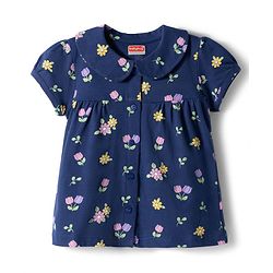 Babyhug Cotton Knit Half  Sleeves Top & Shorts Co-ord Night Suit With Floral Print - Navy Blue