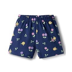 Babyhug Cotton Knit Half  Sleeves Top & Shorts Co-ord Night Suit With Floral Print - Navy Blue