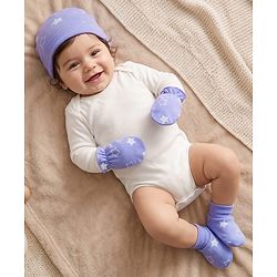 Babyhug 100% Cotton Interlock Knit Star Printed Cap Mittens & Booties Set Lilac - Diameter 10 cm